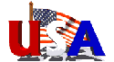 An American Flag waving in the background with the letters USA in red, white, and blue in front. 